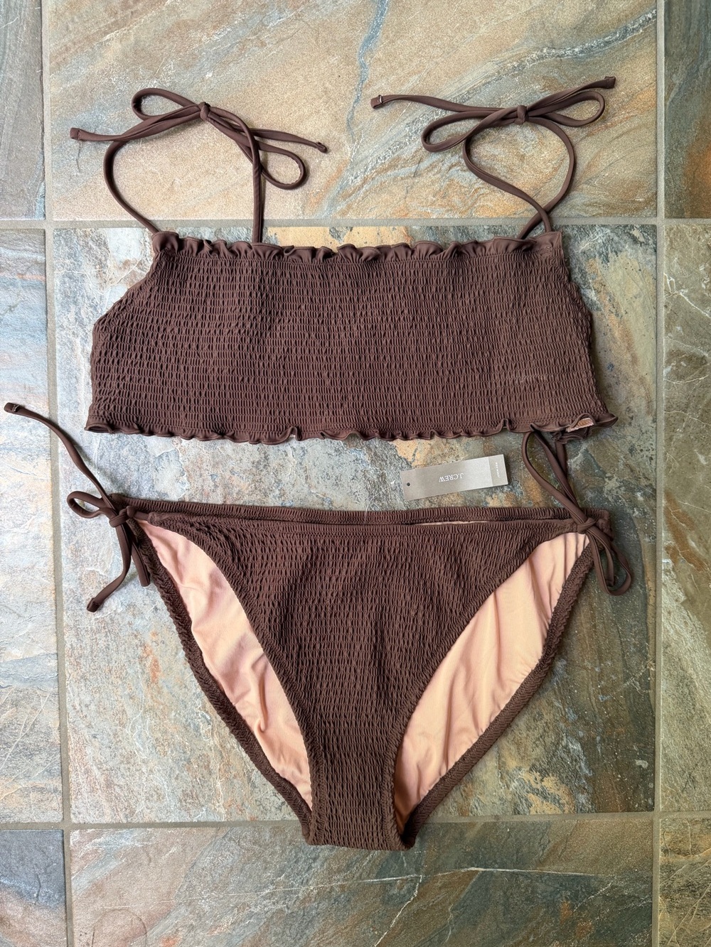 J.Crew Smocked Bikini Set Espresso Brown Square Neck Top Tie Bottoms XXL NWT
